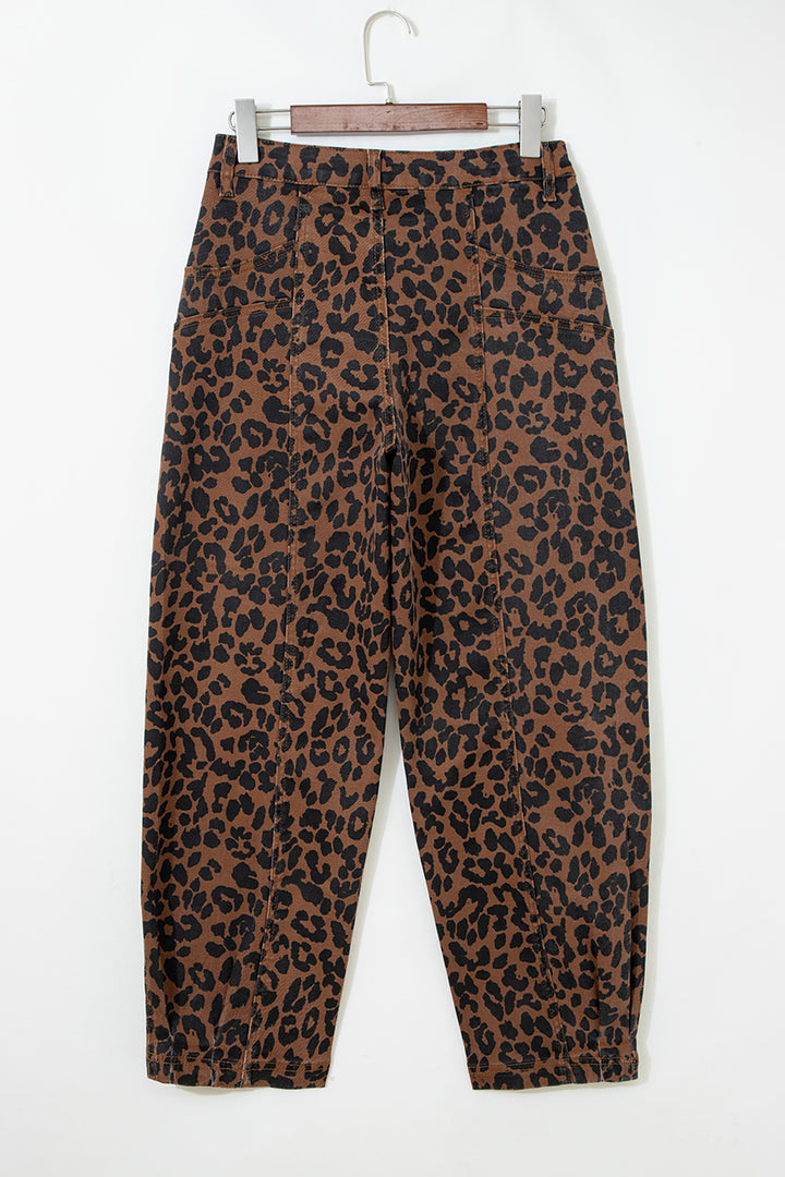 Brown Clear Seam Detail Patchwork Leopard Print Barrel Jeans