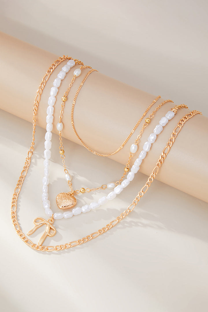 Bow Heart Pendant Pearl Chaining Plated Necklace