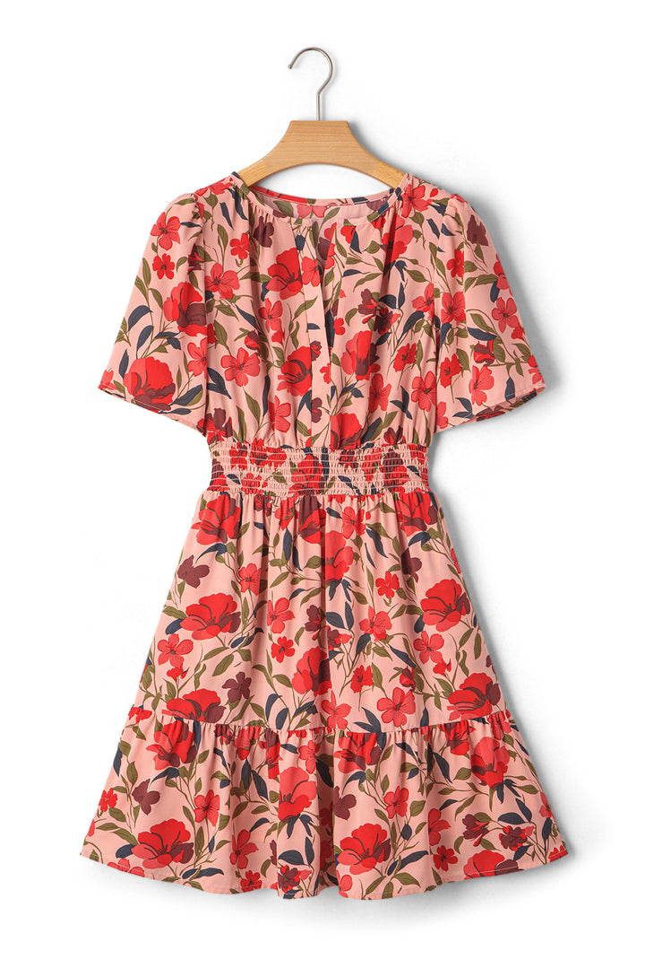Red Floral Print Wrap V Neck Short Sleeve High Waistband Mini Dress