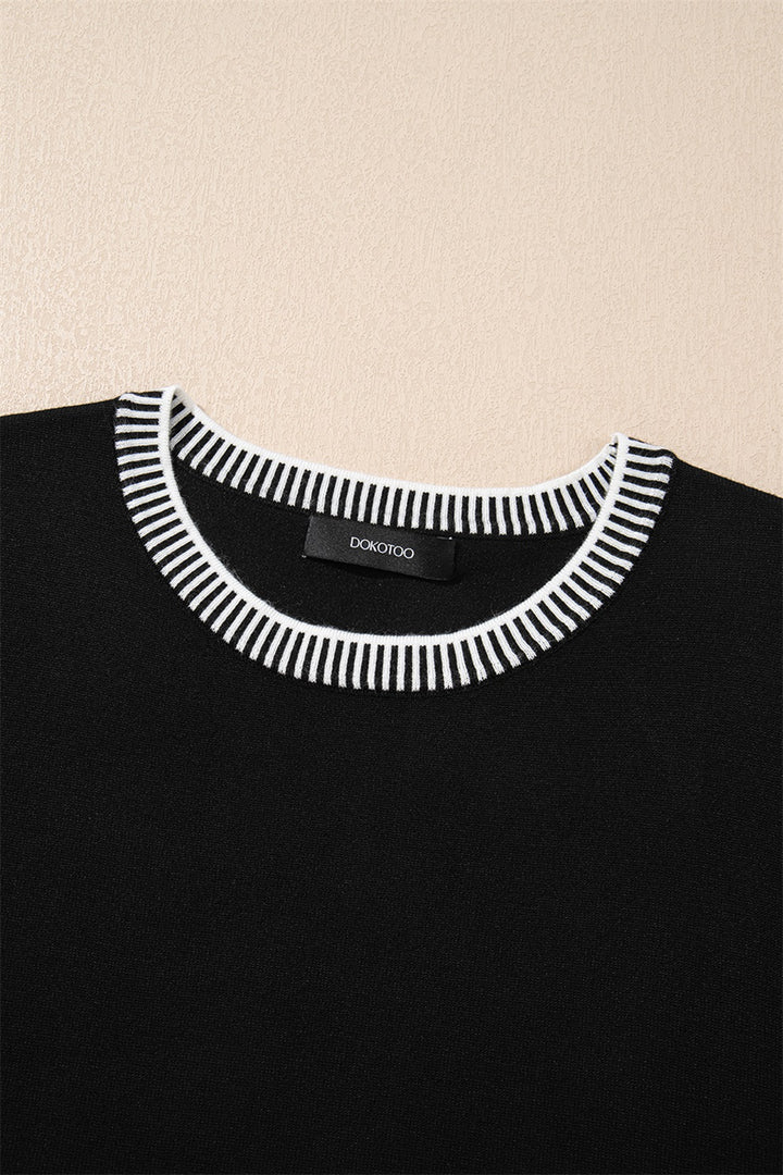 Black Contrast Striped Trim Round Neck Half Sleeve Sweater