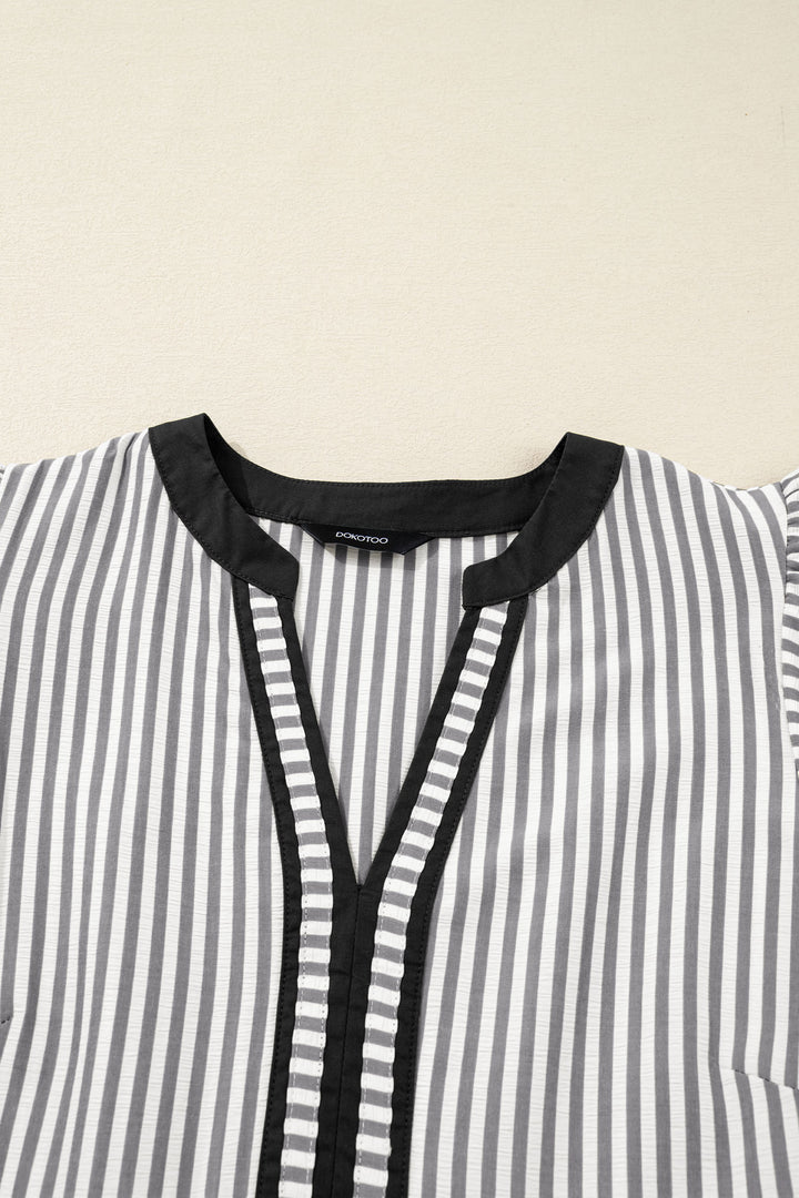 Black Stripe Contrast Trim V Neck Flutter Sleeve Casual Long Dress