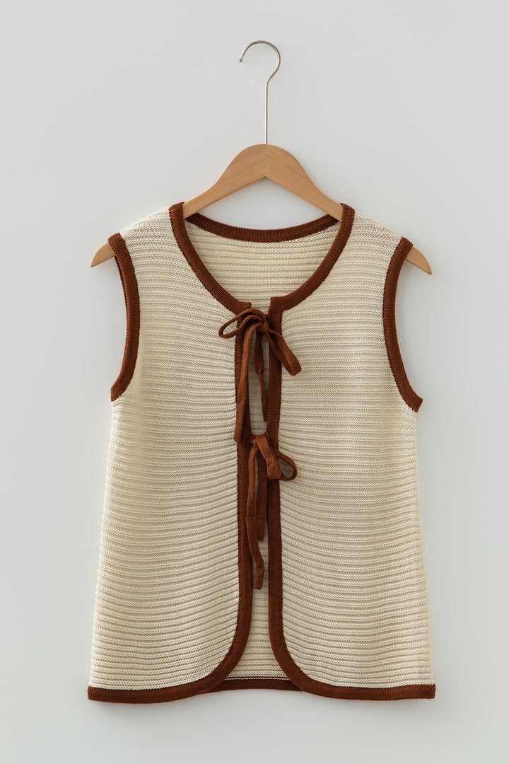 Horizontal Ribbed Knit Contrast Trim Ties Front Sweater Vest