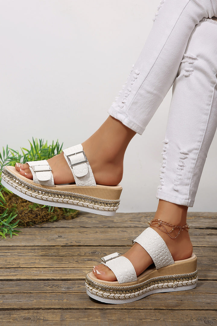 White Metallic Textured PU Leather Buckle Wedge Platform Slippers