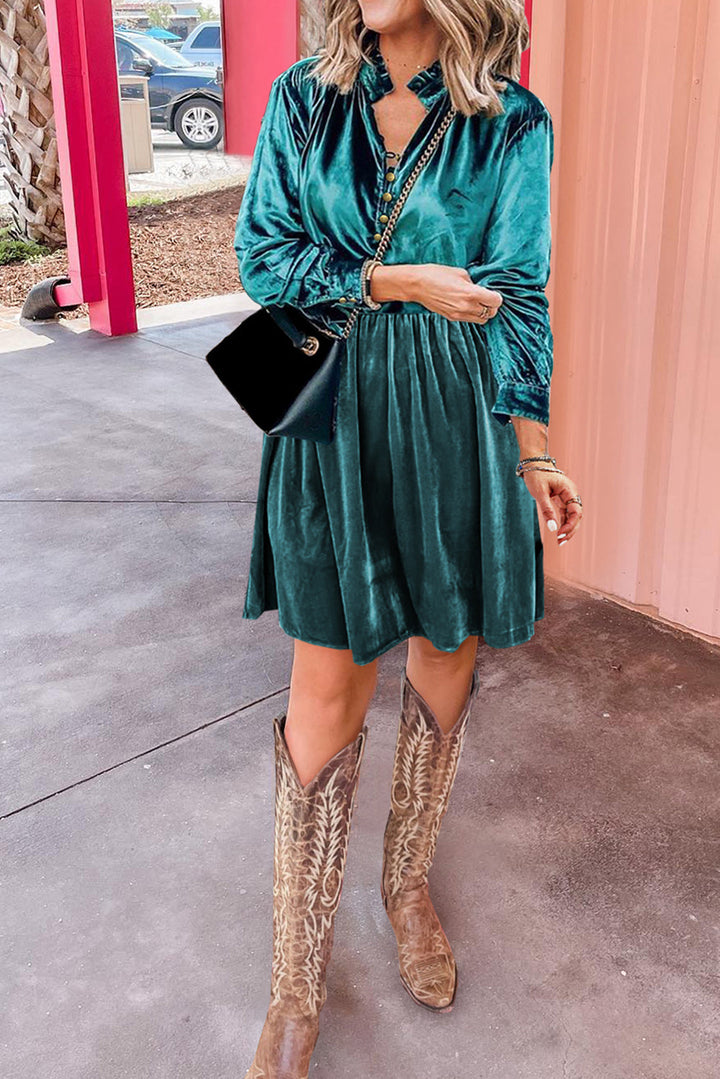 Velvet Buttoned Front Ruffled Mini Dress