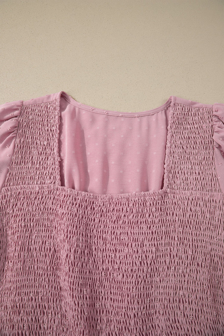Pink Plus Size Swiss Dot Short Sleeve Smocked High Waist Flowy Midi Dress