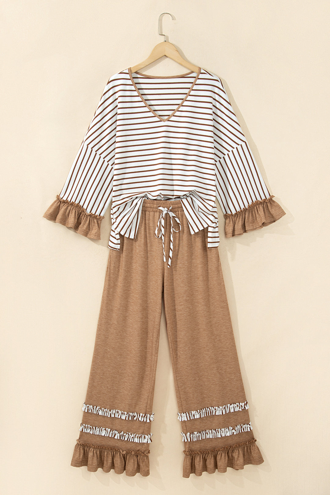 Khaki Stripe V Neck Ruffle Contrast Sleeve Top Drawstring Pants 2pcs Set