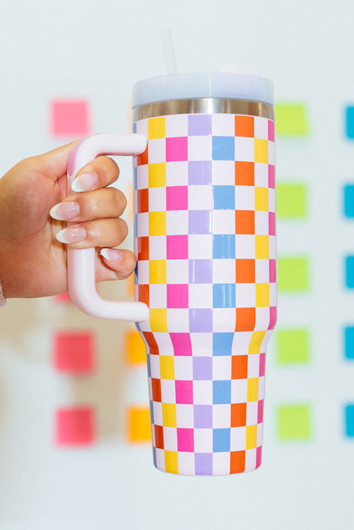 Colorful Checkered Print Handle Vacuum Cup 40oz