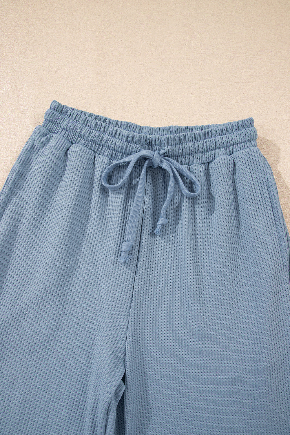 Dusk Blue Solid Color Ribbed Loose Long Sleeve Top Casual Pant Set