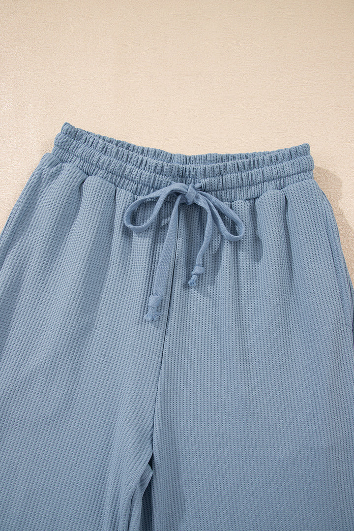 Dusk Blue Solid Color Ribbed Loose Long Sleeve Top Casual Pant Set