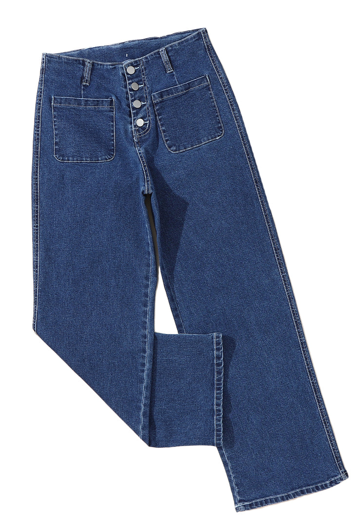 Sail Blue High Waist Button Front Wide Leg Cropped Jeans