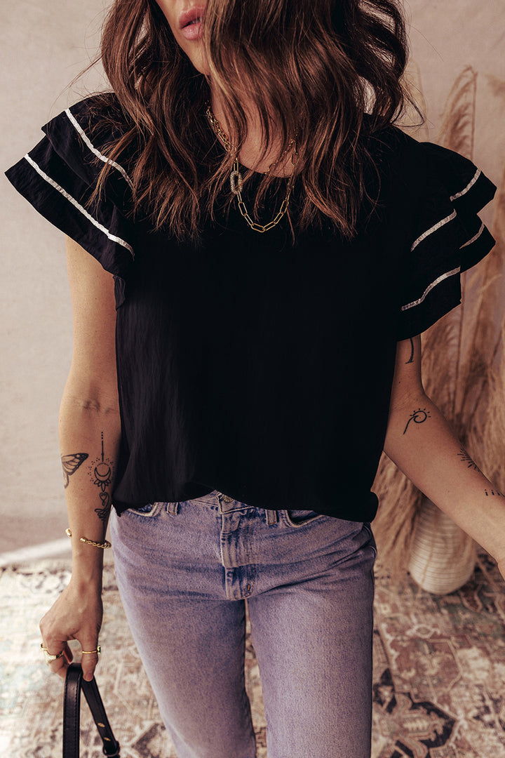 Contrast Trim Dual Ruffle Short Sleeve Textured Blouse