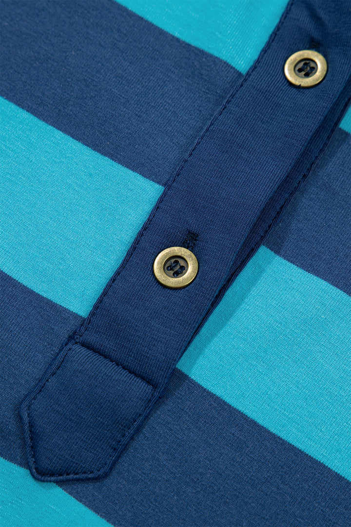 Blue Stripe Contrast Polo Collar Bracelet Sleeve Loose Top