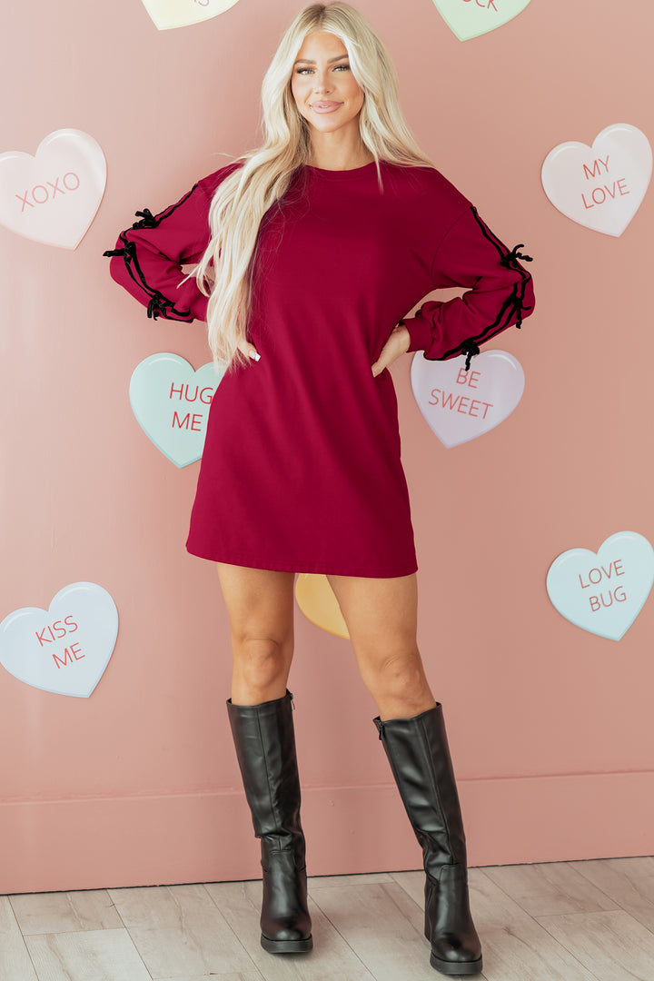 Contrast Striped Bow Detail Drop Shoulder Sweatshirt Dress with Pockets