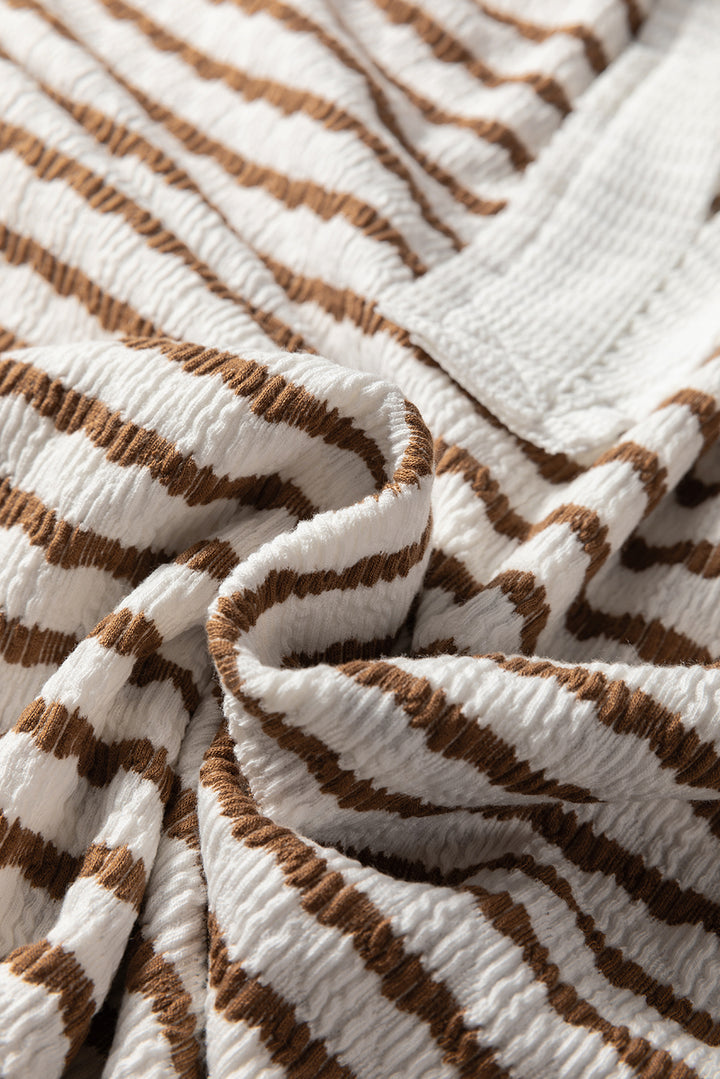 Khaki Stripe Buttoned V Neck Textured Hooded Plus Size Top