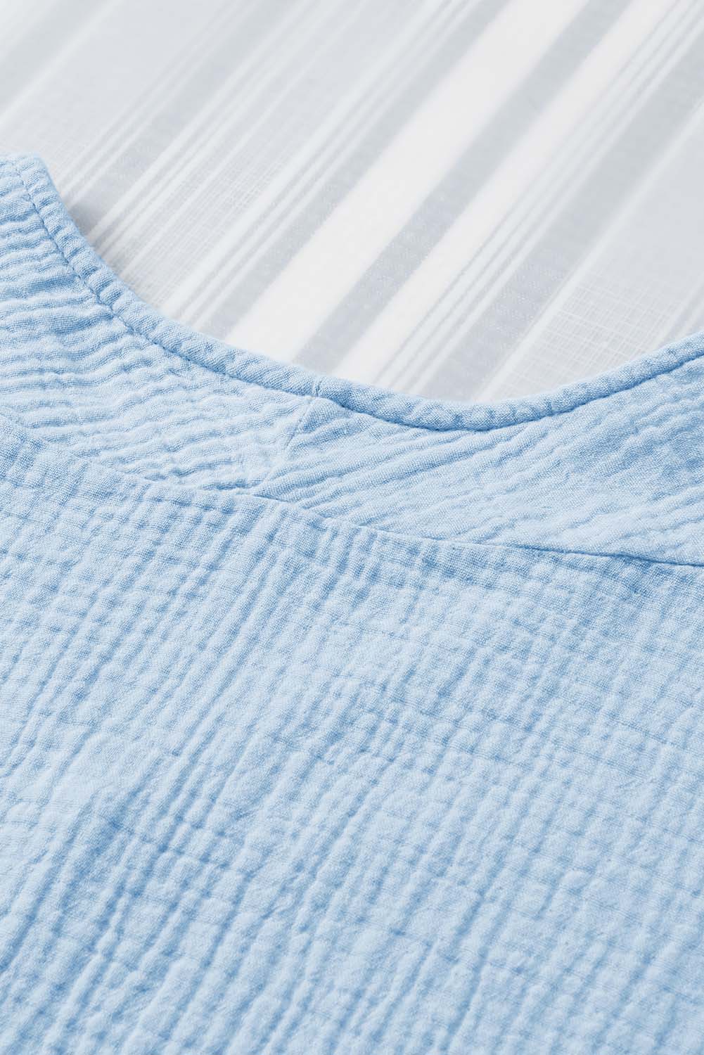 Sky Blue Frayed Batwing Sleeve Textured Cotton Blouse