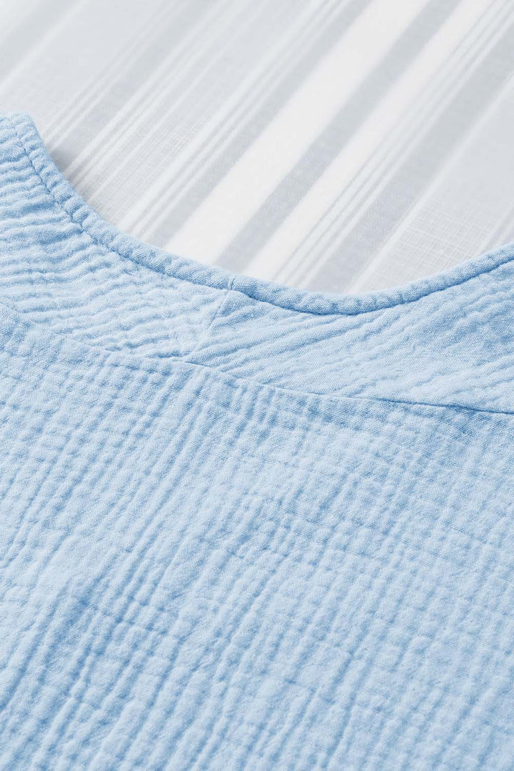 Sky Blue Frayed Batwing Sleeve Textured Cotton Blouse