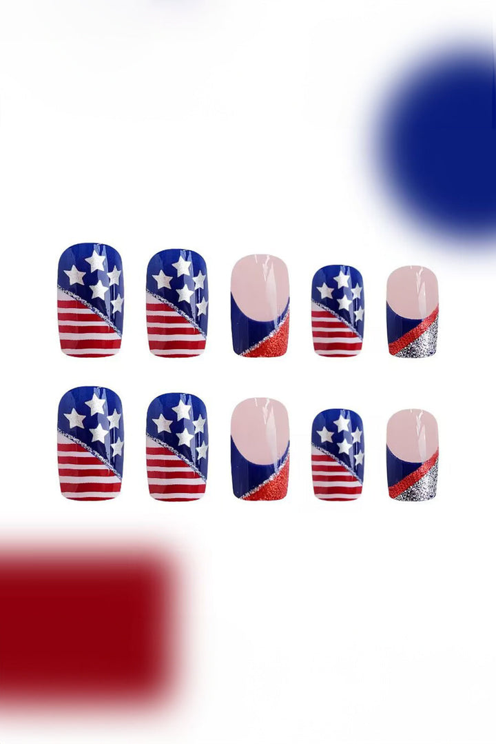 American Flag Shiny Square False Nails