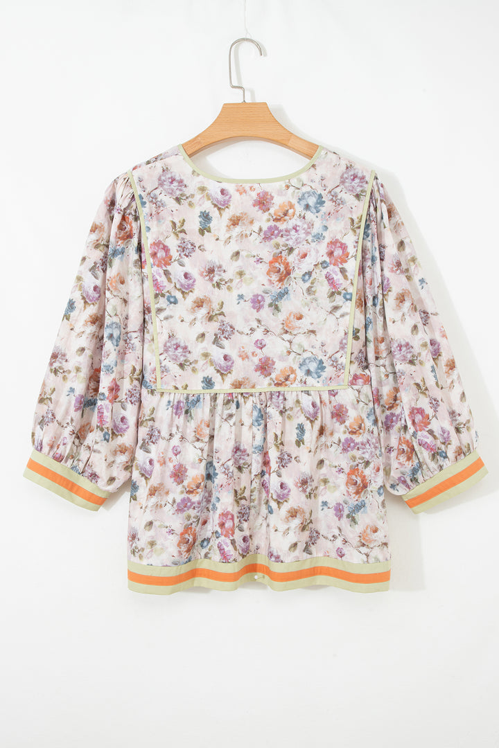 Black Plus Size Floral Print Contrast Trim Striped Detail Babydoll Blouse