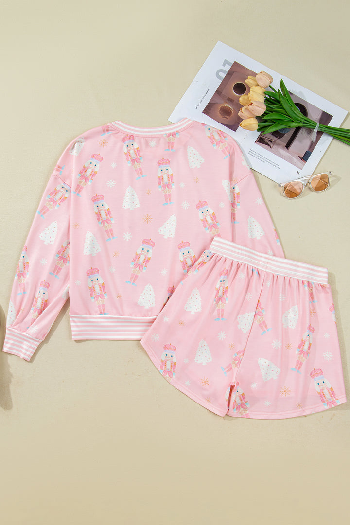 Pink Christmas Tree Nutcracker Doll Print Contrast Trim Long Sleeve Top Matching Shorts Set