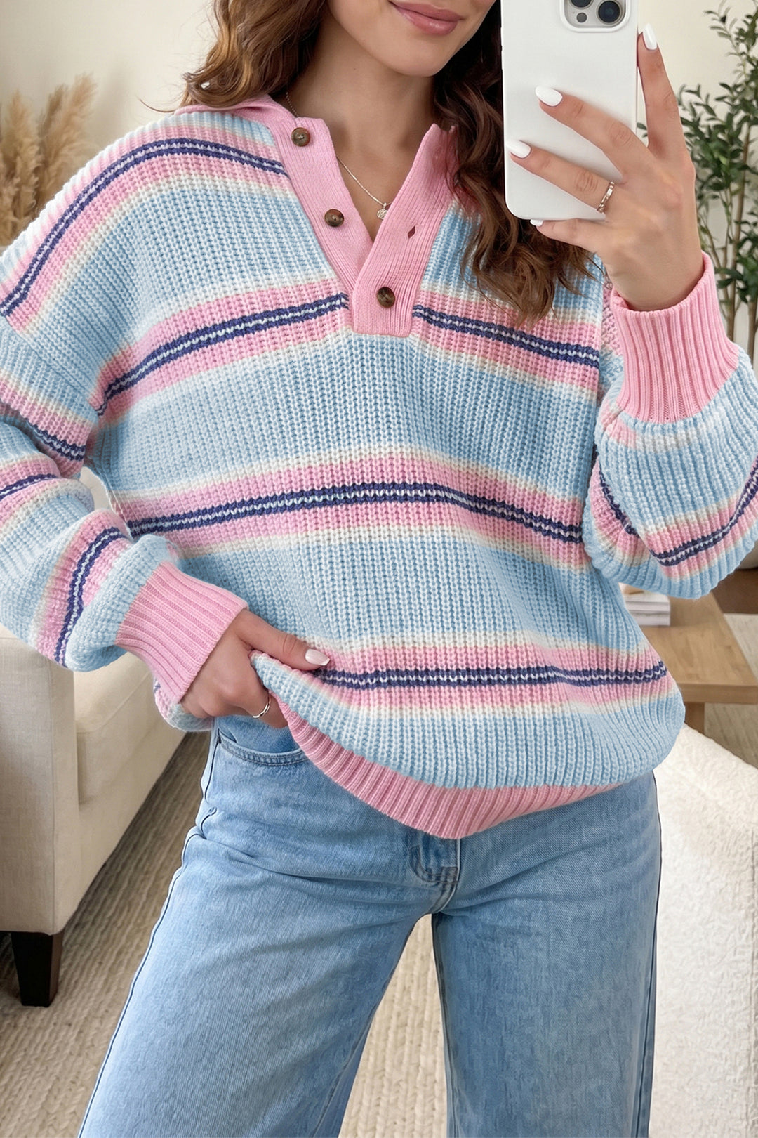 Sky Blue Stripe Button Collar Long Sleeve Shift Fit Winter Knitwear Sweater