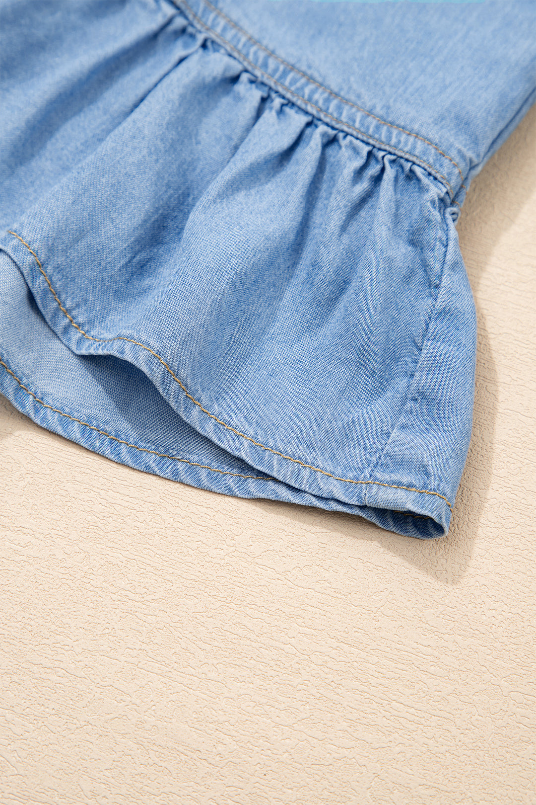 Half Sleeve Button Down Ruffled High Low Chambray Shirt