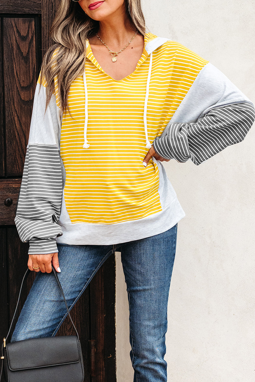 Color Block Drawstring V Neck Loose Fit Hooded Top