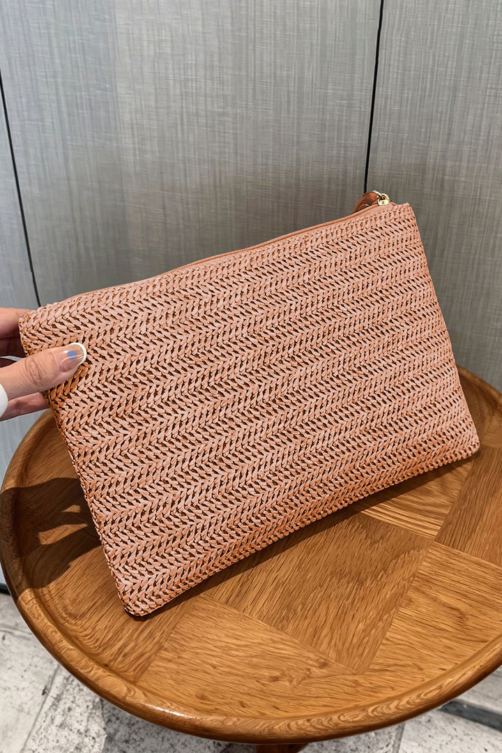 Grand portefeuille zippé avec dragonne en paille tissée