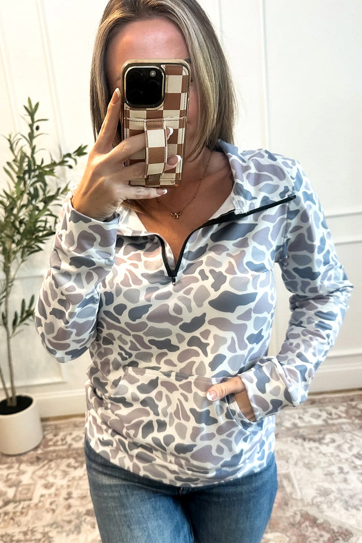 Multicolour Camouflage Print Kangaroo Pocket Zip Collar Pullover Sweatshirt