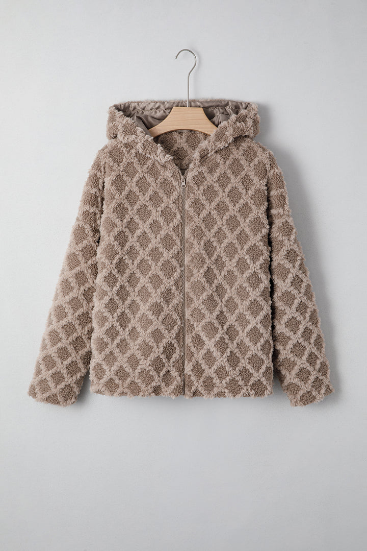 Chestnut Sherpa Rhombus Zip Up Side Pocket Hooded Jacket