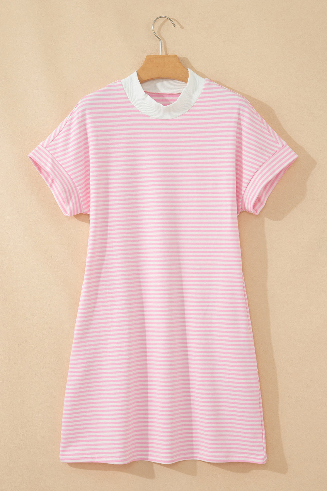 Pink Stripe Cuffed Short Sleeve Contrast Mock Neck Tee Dress