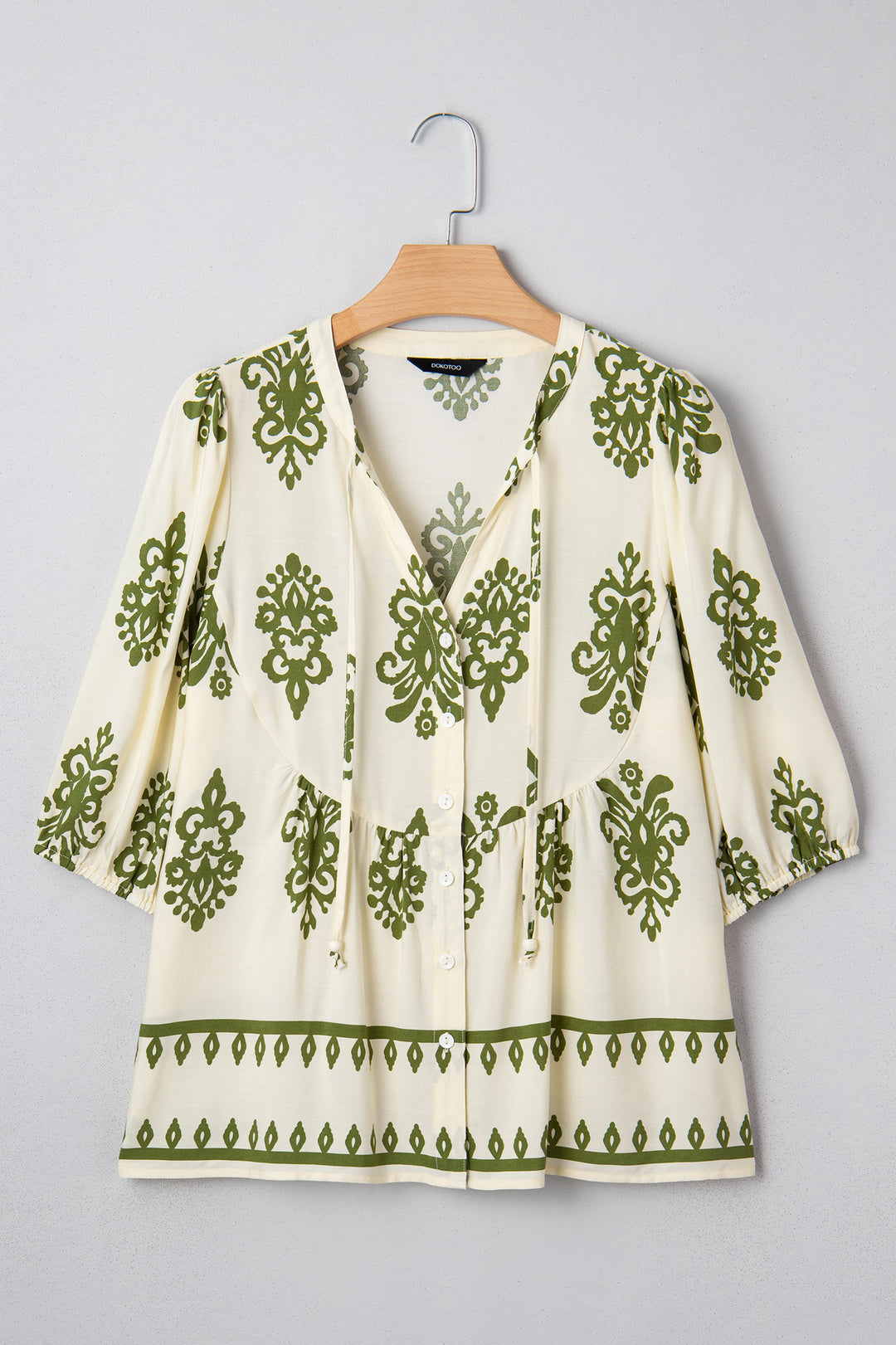 Floral Print Tie V Neck Button Down Puffy Half Sleeve Shirt