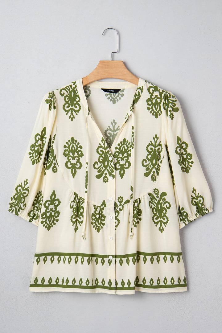 Floral Print Tie V Neck Button Down Puffy Half Sleeve Shirt