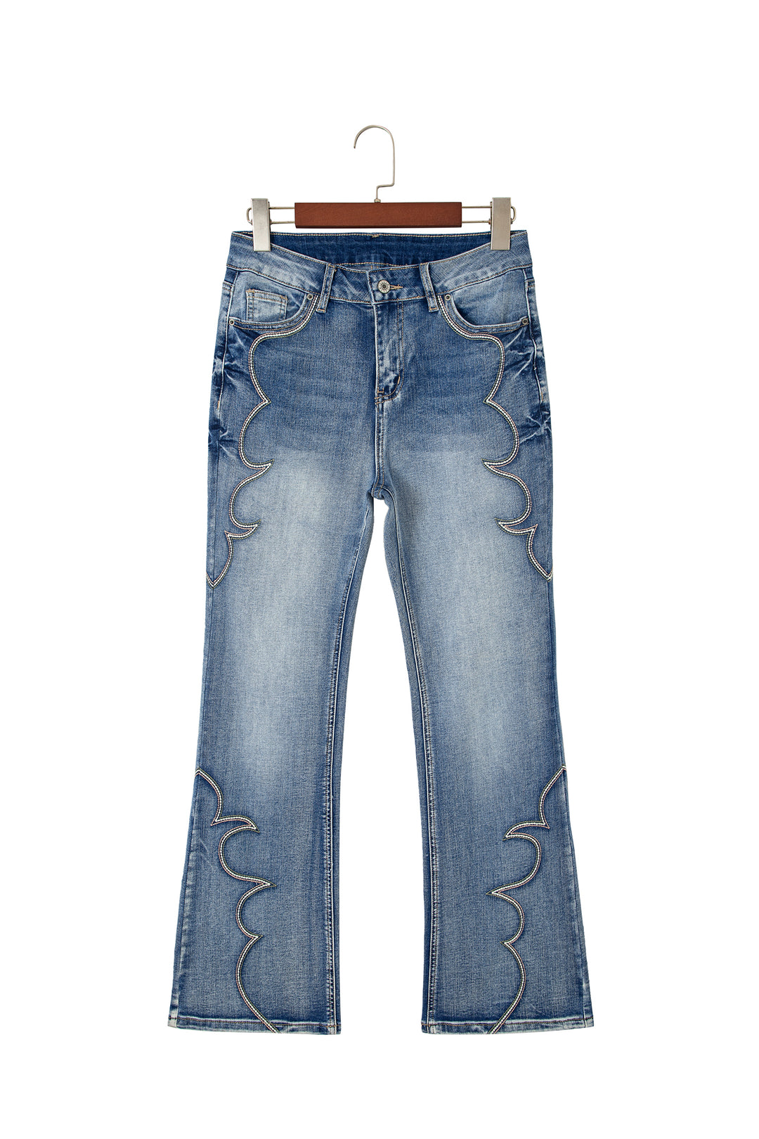 Blue Western Embroidered Flare Full Length Jeans
