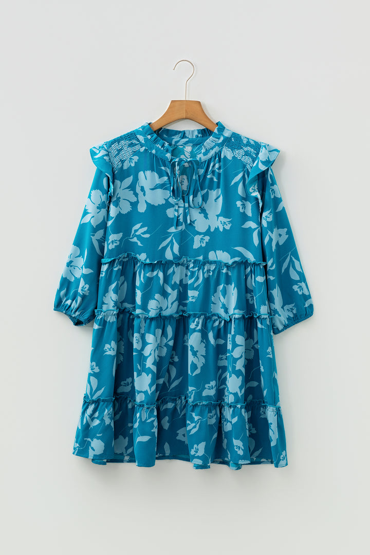 Flower Half Sleeve Tiered Ruffled Mini Dress