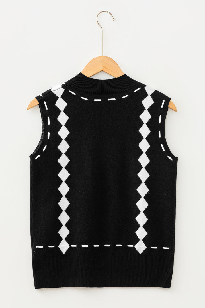 Black Western Horse Geometric Print Mock Neck Sweater Vest