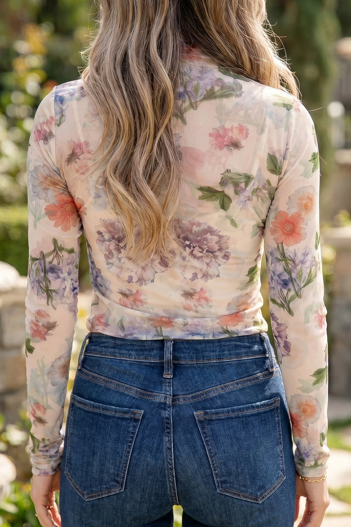 Apricot Floral Mesh Thumbhole Long Sleeve Slim Top