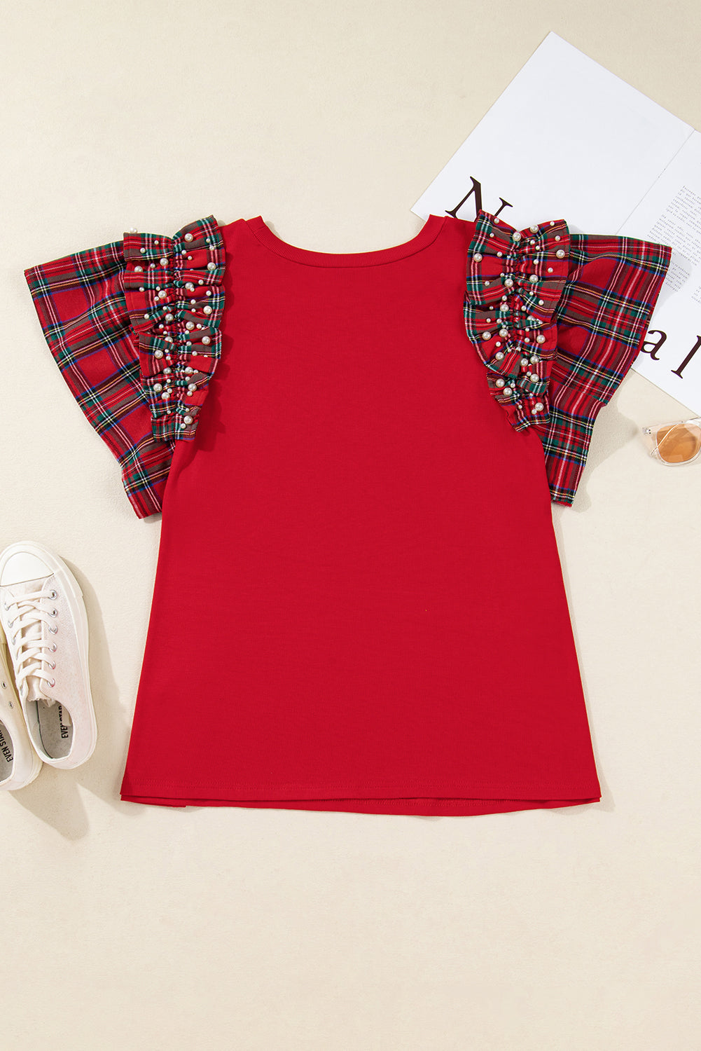 Racing Red Plaid Pearl Ruffled Short Sleeve Knitted Christmas Holiday Plus Size T-shirt