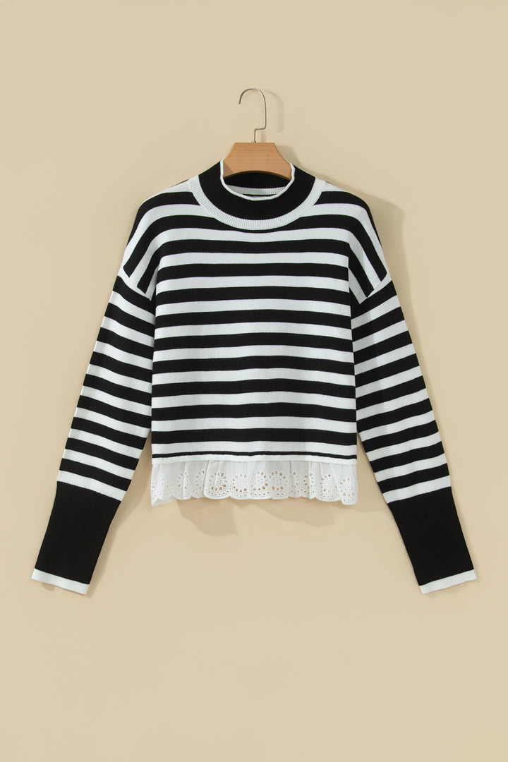 Black Striped High Neck Contrast Ruffle Detail Casual Sweater