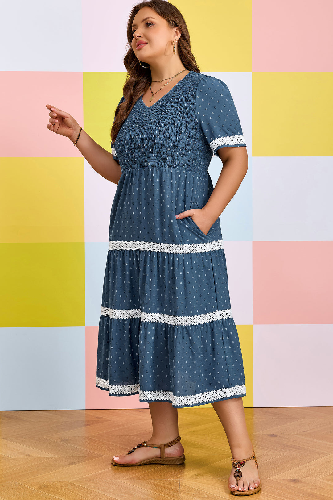 Dusk Blue Plus Size V Neck Swiss Dot Lace Flared Midi Dress