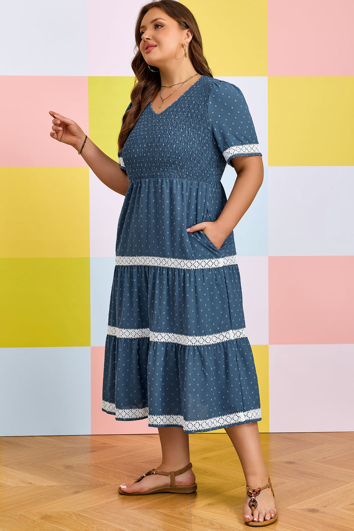 Dusk Blue Plus Size V Neck Swiss Dot Lace Flared Midi Dress