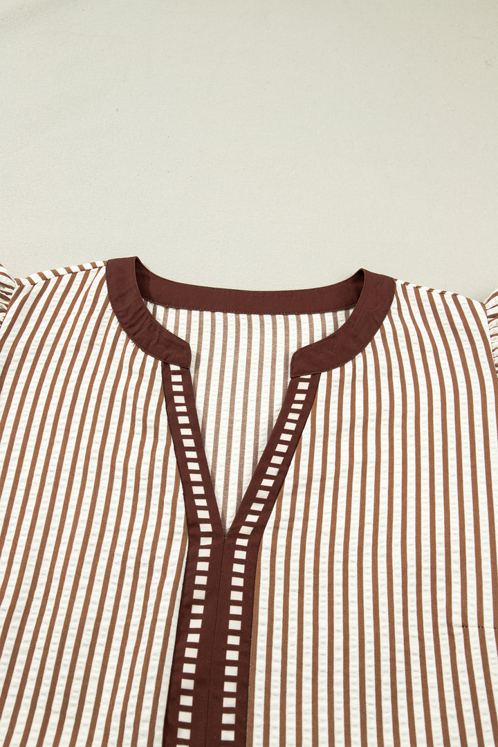 Brown Stripe Plus Size Slit V Neck Flutter Sleeve Maxi Dress