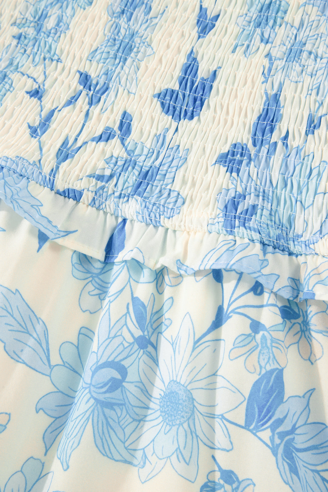 Sky Blue Ruffled Straps Smocked High Waist Floral Maxi Dress
