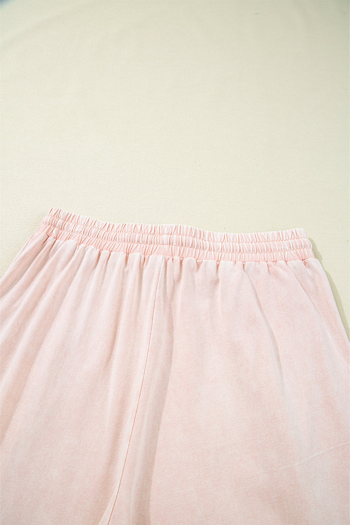 Pink Flower Patch Mineral Washed Terry Knit Cropped Wide Leg Pants