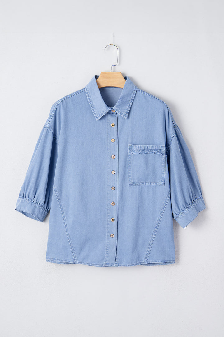 Washed Drop Shoulder Bracelet Sleeve Chambray Shirt