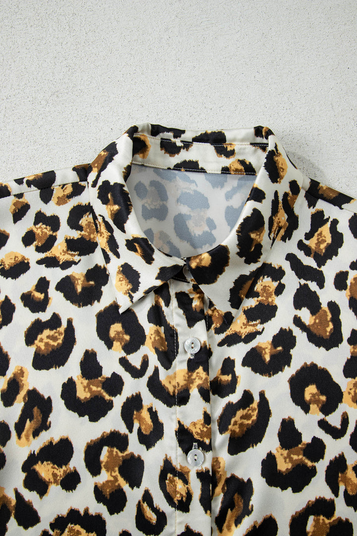 Leopard Print Ruffle Trim 3/4 Sleeve Loose Shirt