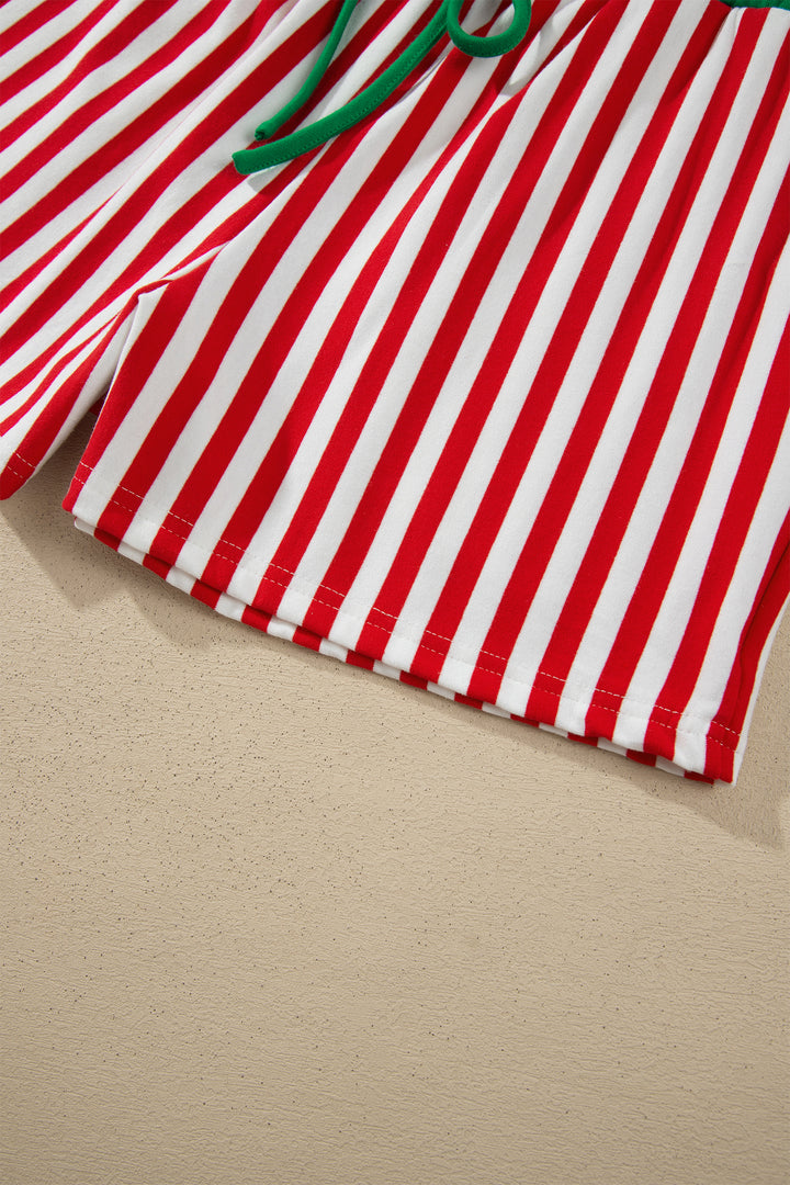 Red Stripe Colorblock Trim Polo Collar Drawstring Elastic Waist Band Casual 2pcs Outfit