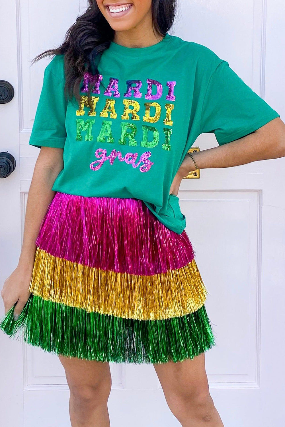 Sequin Mardi Gras Letter Graphic T Shirt