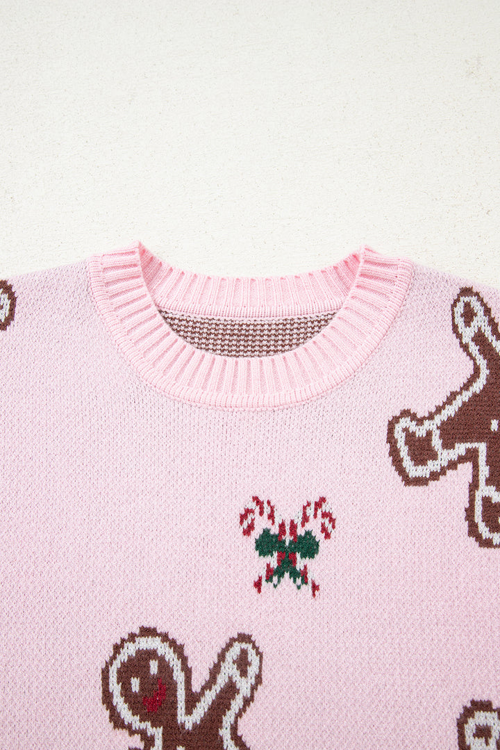 Christmas Ginger Bread Man Print Round Neck Casual Sweater