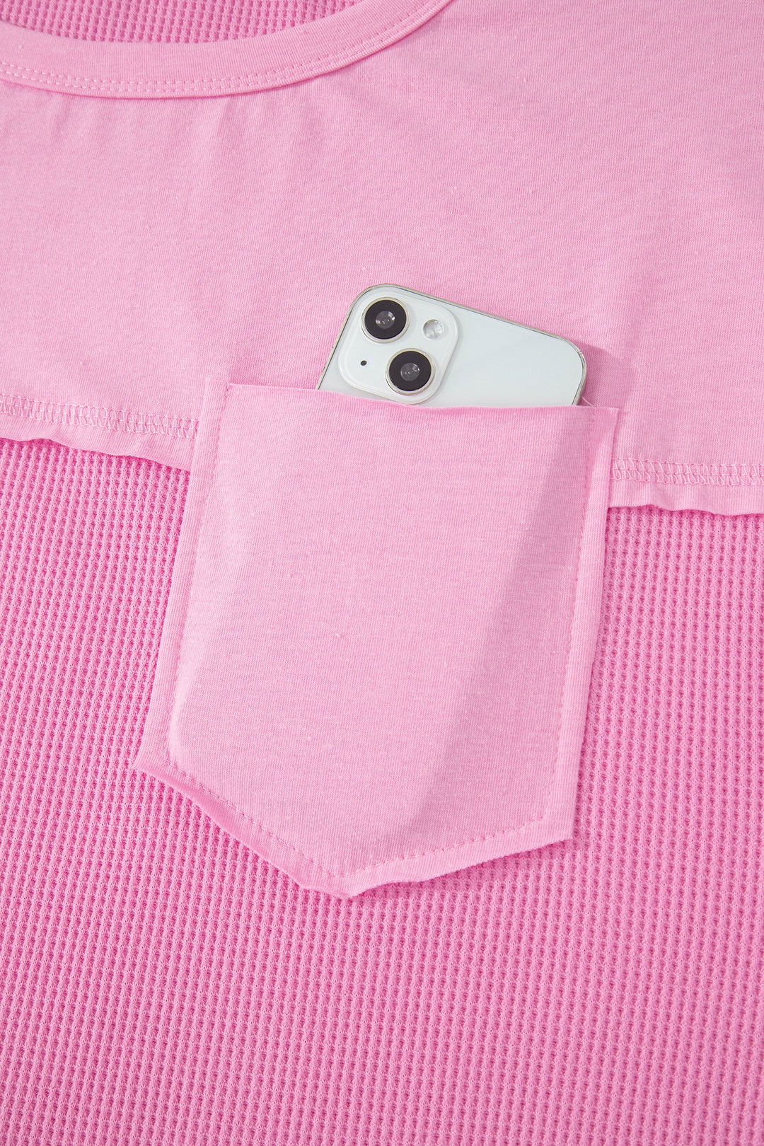 Pink Solid Color Raw Seam Waffled Patchwork Casual T Shirt
