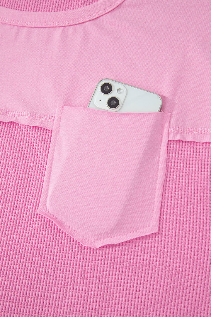 Pink Solid Color Raw Seam Waffled Patchwork Casual T Shirt